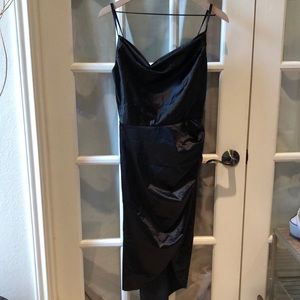 Women Sexy Cowl Neck Midi Dress Spaghetti Strap High Split Bodycon Ruched Dress